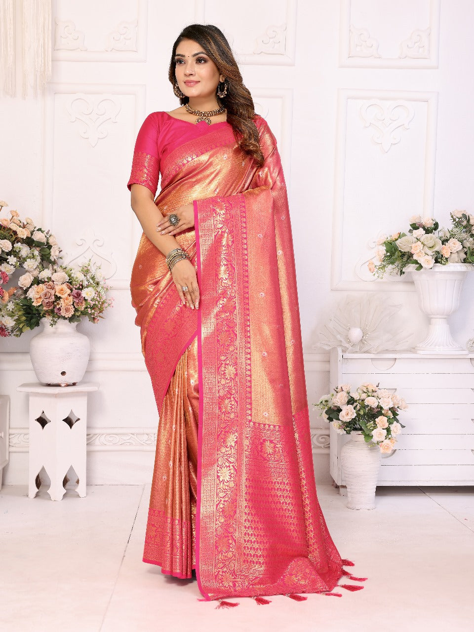 Pure Banarasi Orange Tissue Silk Saree with Butti Weaving