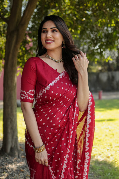 Pure Bandhej Maroon Silk Saree with Zari Border