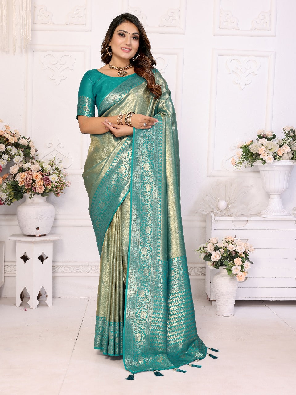 Pure Banarasi Teal Green Tissue Silk Saree with Butti Weaving