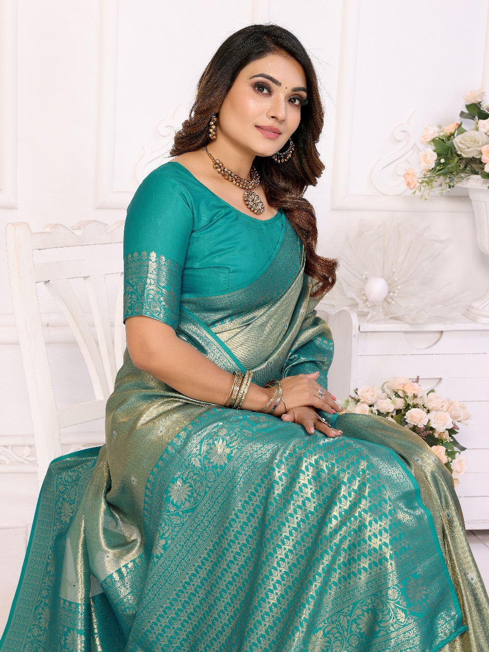 Pure Banarasi Green Tissue Silk Saree with Butti Weaving