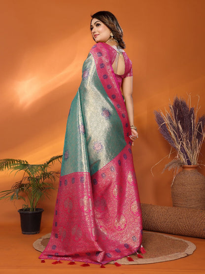 Pure Banarasi Teal Green & Pink Tissue Silk Saree with Paithani Border & Pallu