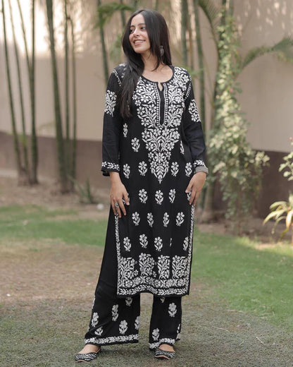 Black Rayon Fency Kurta With Plazza Set