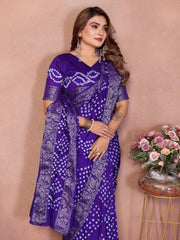 Experience Timeless Elegance With Our Blue Pure Handmade Bandhej Dola Silk Saree