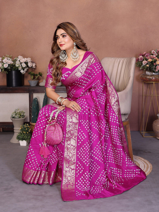 Experience Timeless Elegance With Our Purple Pure Handmade Bandhej Dola Silk Saree