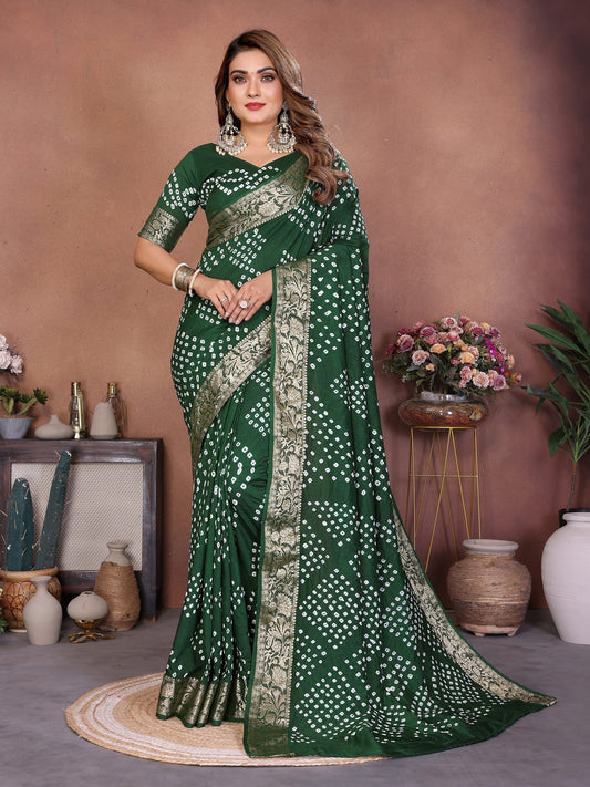 Experience Timeless Elegance With Our Green Pure Handmade Bandhej Dola Silk Saree