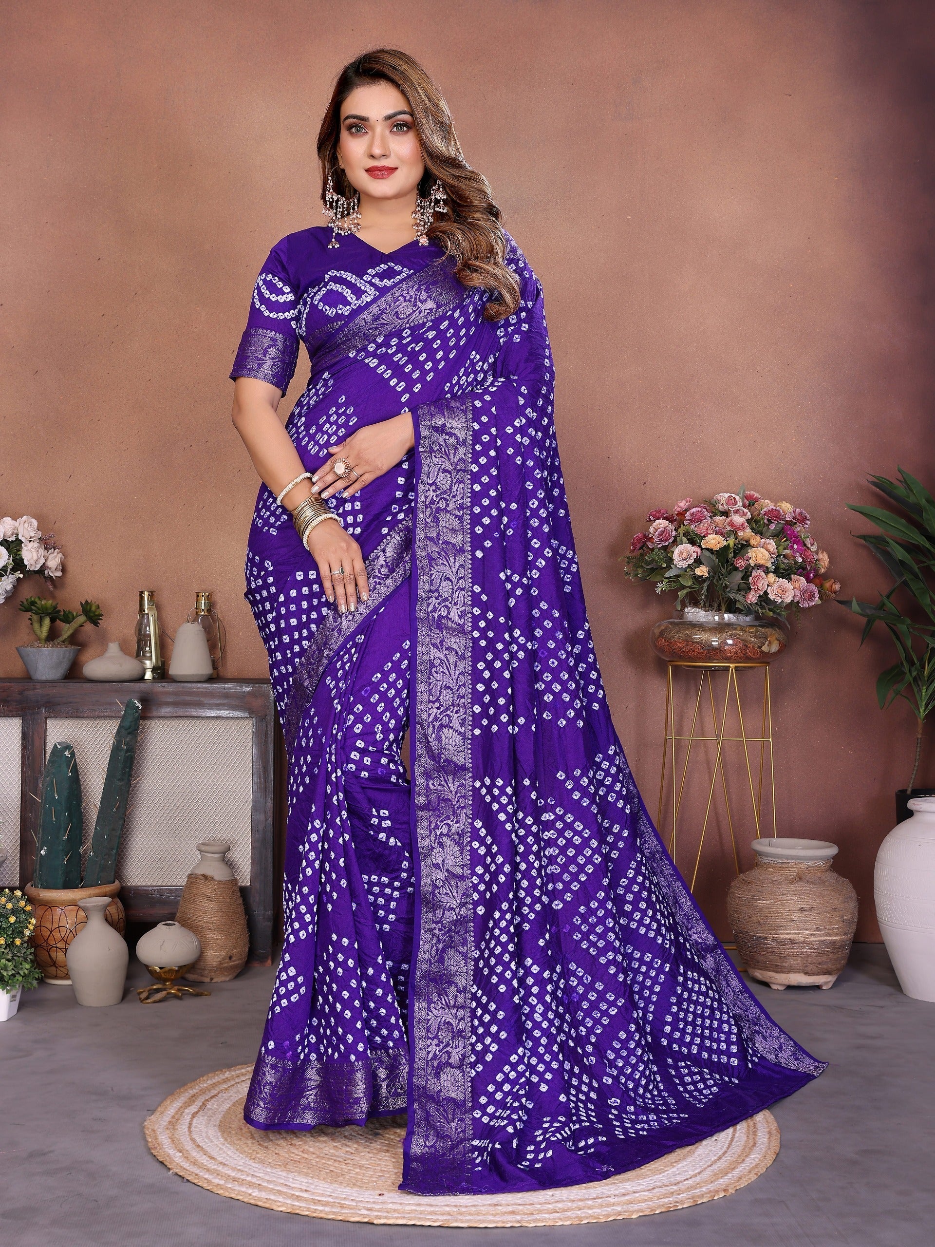 Experience Timeless Elegance With Our Purple Pure Handmade Bandhej Dola Silk Saree