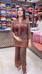 Women's Brown Printed Kurta & Wide-Leg Pant Set | Casual Ethnic Wear
