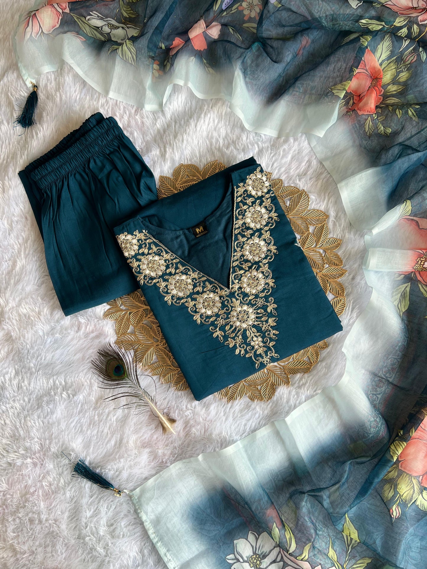 Women's Teal Blue Roman Silk Embroidered Kurta Pant Set with Floral Digital Print Chanderi Silk Dupatta