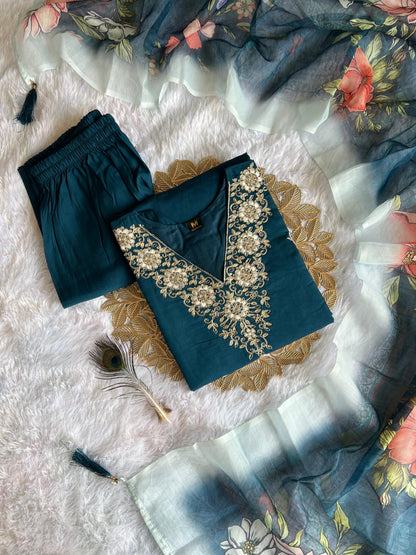 Women's Teal Blue Roman Silk Embroidered Kurta Pant Set with Floral Digital Print Chanderi Silk Dupatta