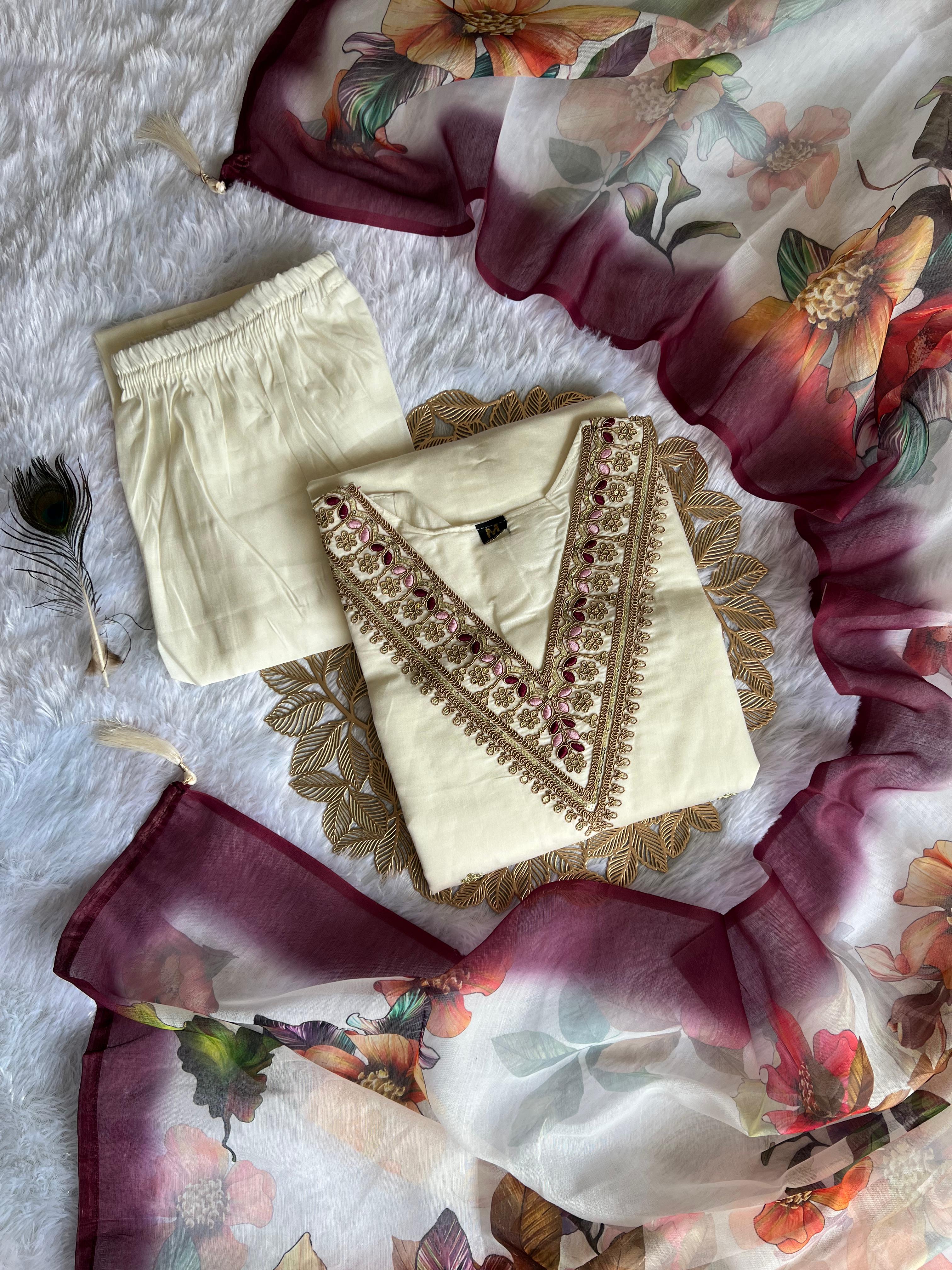 Women's White Roman Silk Embroidered Kurta Pant Set with Floral Digital Print Chanderi Silk Dupatta | Festive & Party Wear Suit Set
