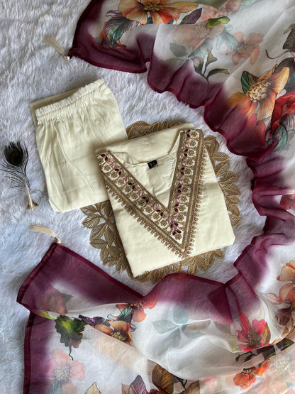Women's White Roman Silk Embroidered Kurta Pant Set with Floral Digital Print Chanderi Silk Dupatta | Festive & Party Wear Suit Set