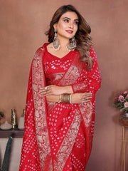 Experience Timeless Elegance With Our Red Pure Handmade Bandhej Dola Silk Saree