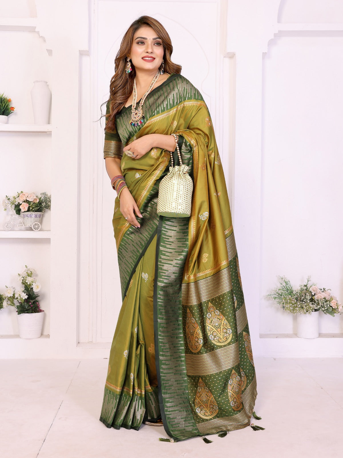 Premium Green South Soft Silk Saree with Rich Zari Weaving Border & Heavy Pallu