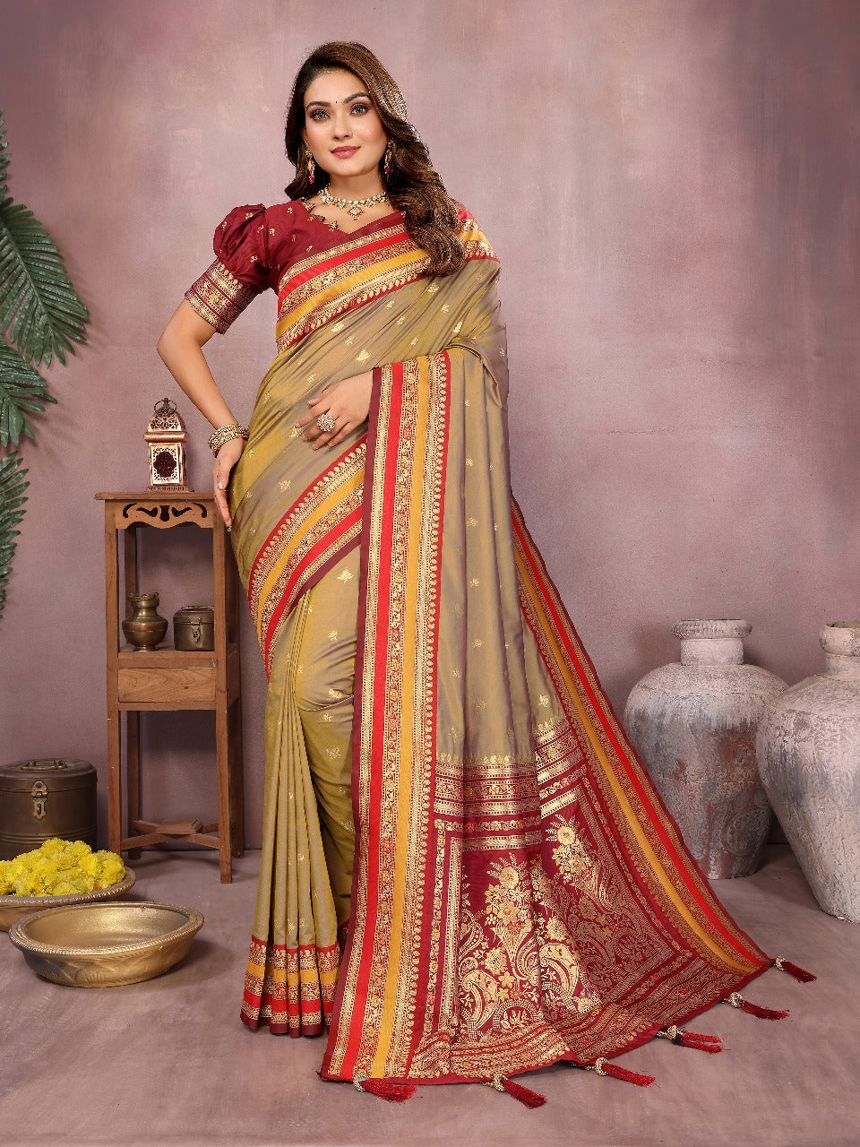 Pure Handloom Green & Purple Kalamkari Silk Saree with Zari Woven Border & Pallu