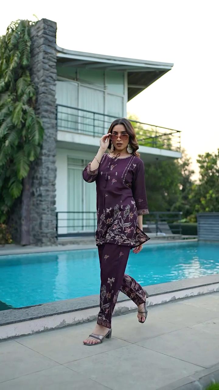 Women's Purple Cotton Co Ord Set For Women