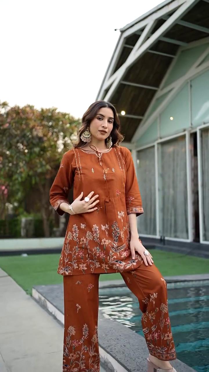 Women's Brown Cotton Co Ord Set For Women
