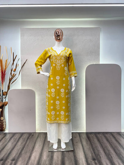 Yellow Designer Chikankari Special Kurta With Pan Set