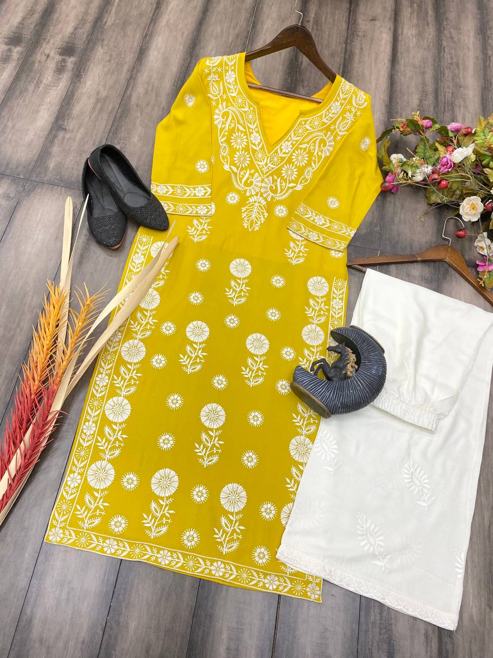 Yellow Designer Chikankari Special Kurta With Pan Set