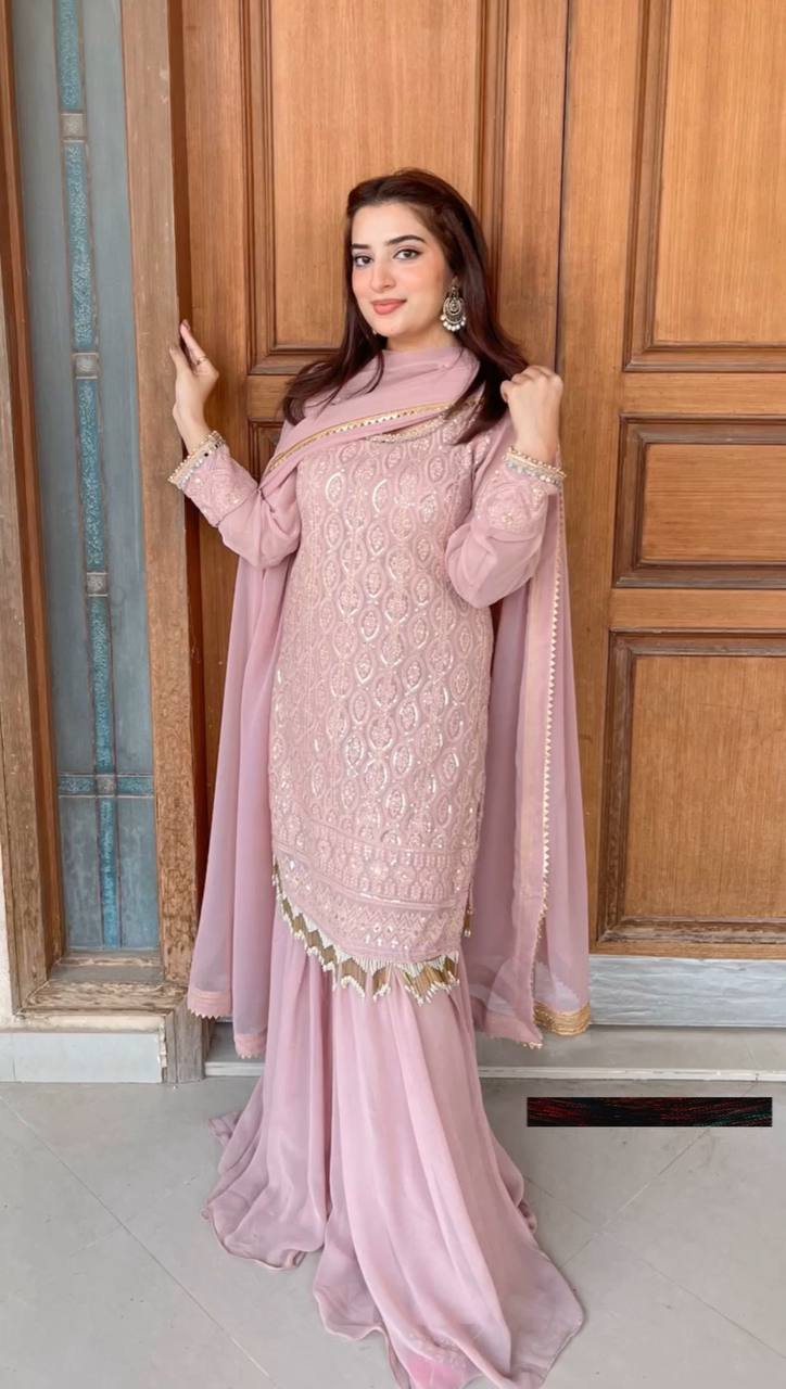 Peach Designer Suit With Heavy Sharara Set