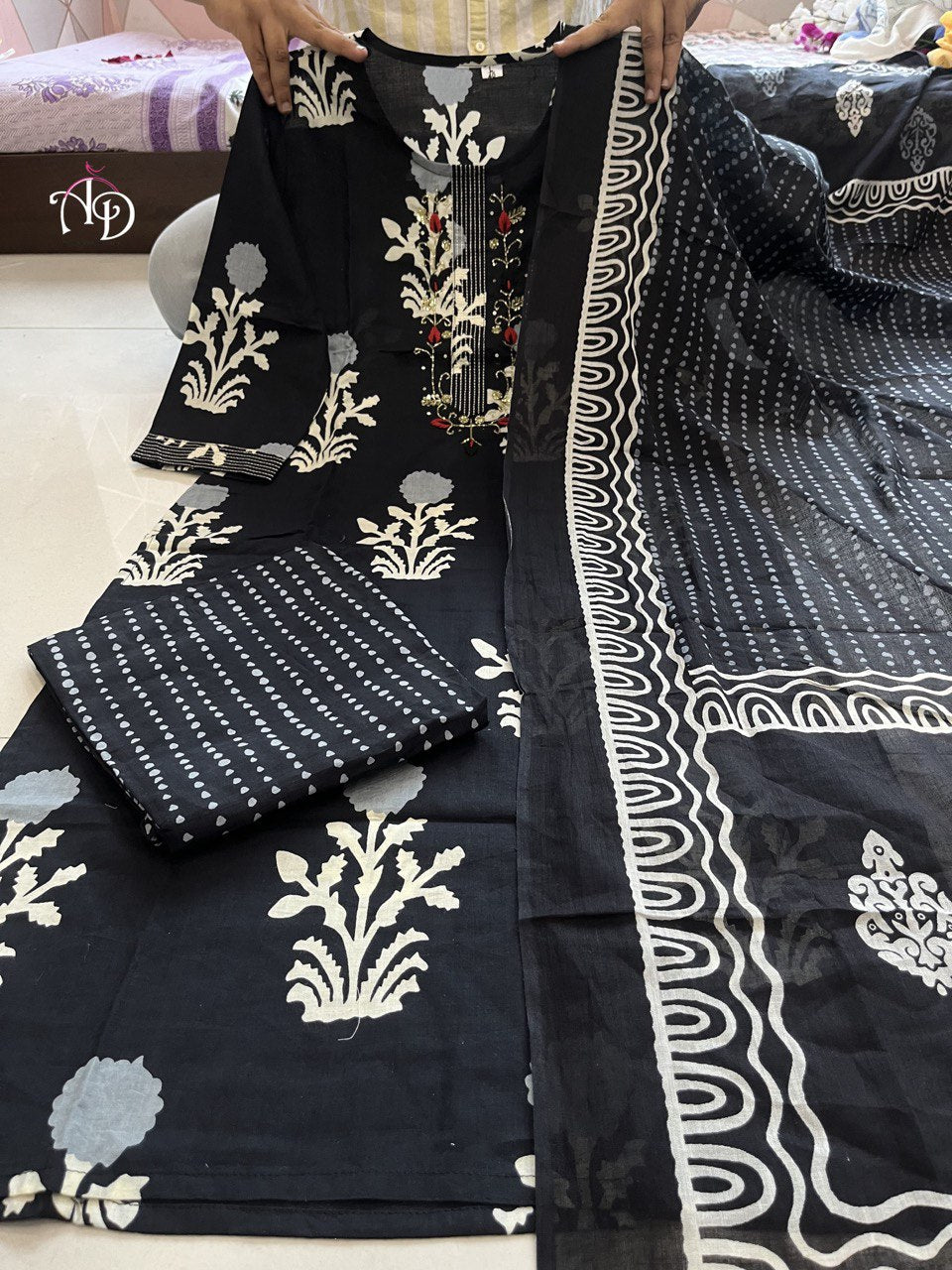 Black Pure Cotton A-line Kurta Set Cotton Pants, and Pure Mul Cotton Dupatta