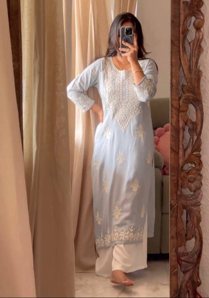 Powder Blue Rayon Cotton Chikankari Kurta With Pant