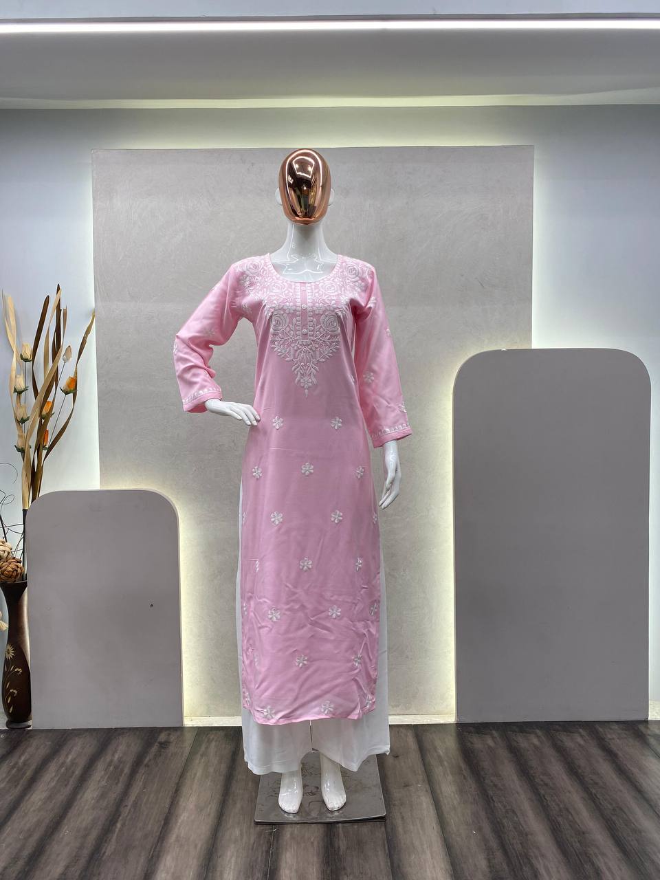 Light Pink Designer Trending Chikankuri Kurti With Plazzo