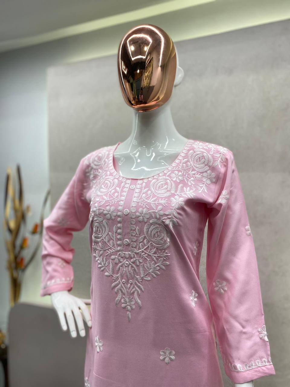 Light Pink Designer Trending Chikankuri Kurti With Plazzo