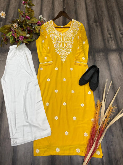 Dark Yellow Rayon Cotton Chikankari Kurta With Pant