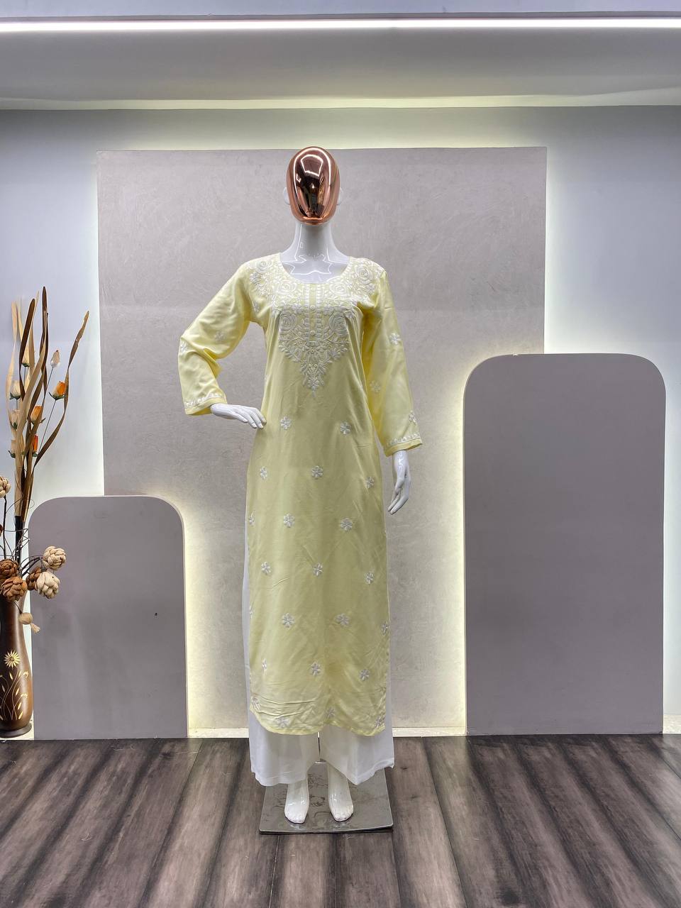 Light Yellow Designer Trending Chikankuri Kurti With Plazzo