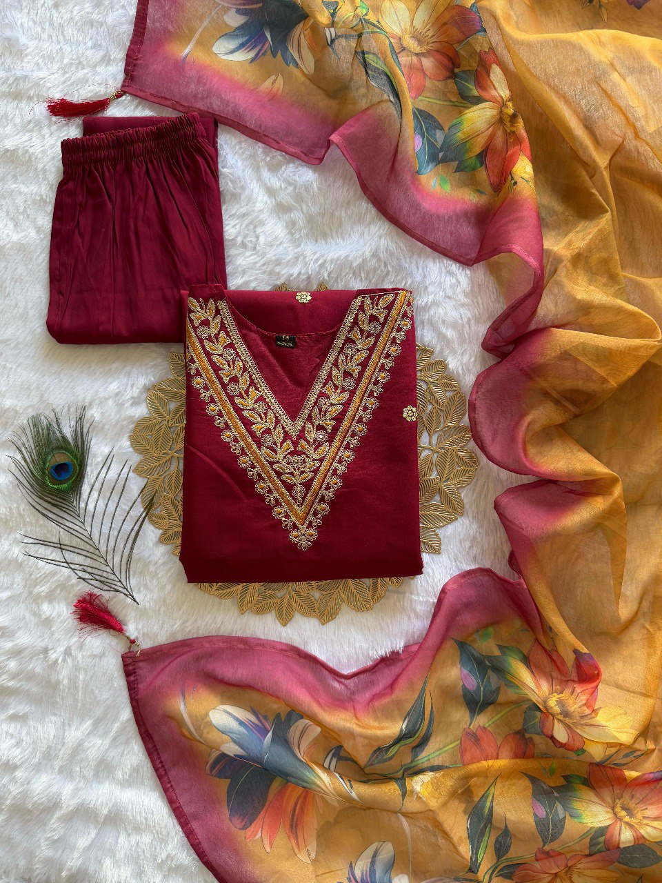 Women's Maroon Roman Silk Embroidered Kurta Pant Set with Floral Digital Print Chanderi Silk Dupatta
