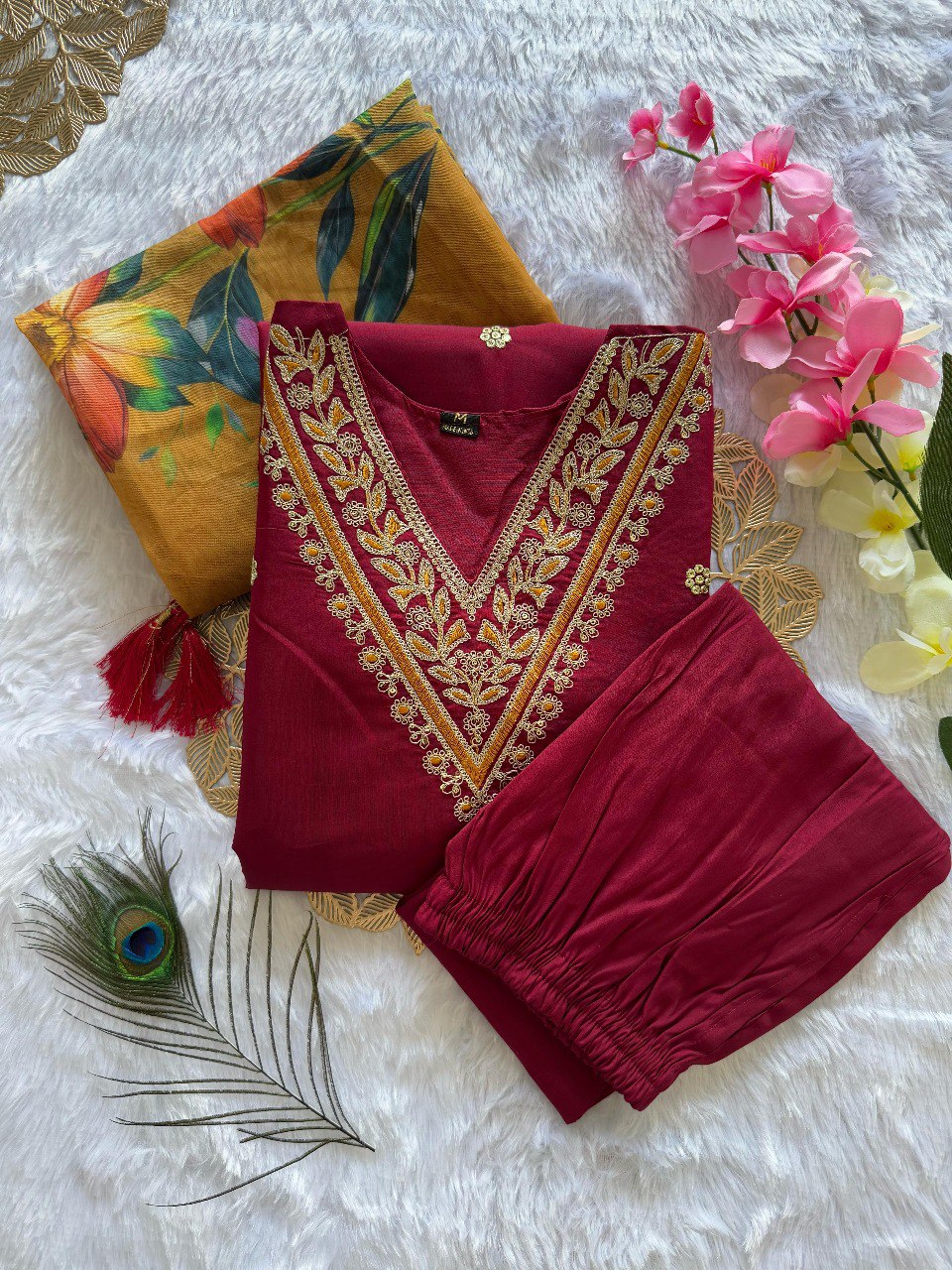 Women's Maroon Roman Silk Embroidered Kurta Pant Set with Floral Digital Print Chanderi Silk Dupatta