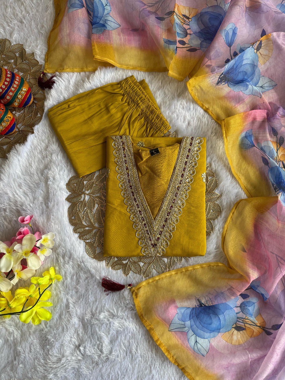 Women's Mustard Yellow Roman Silk Embroidered Kurta Pant Set with Digital Print Chanderi Silk Dupatta