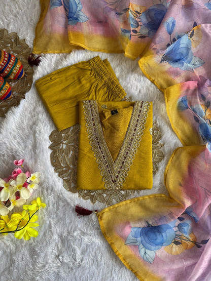 Women's Mustard Yellow Roman Silk Embroidered Kurta Pant Set with Digital Print Chanderi Silk Dupatta