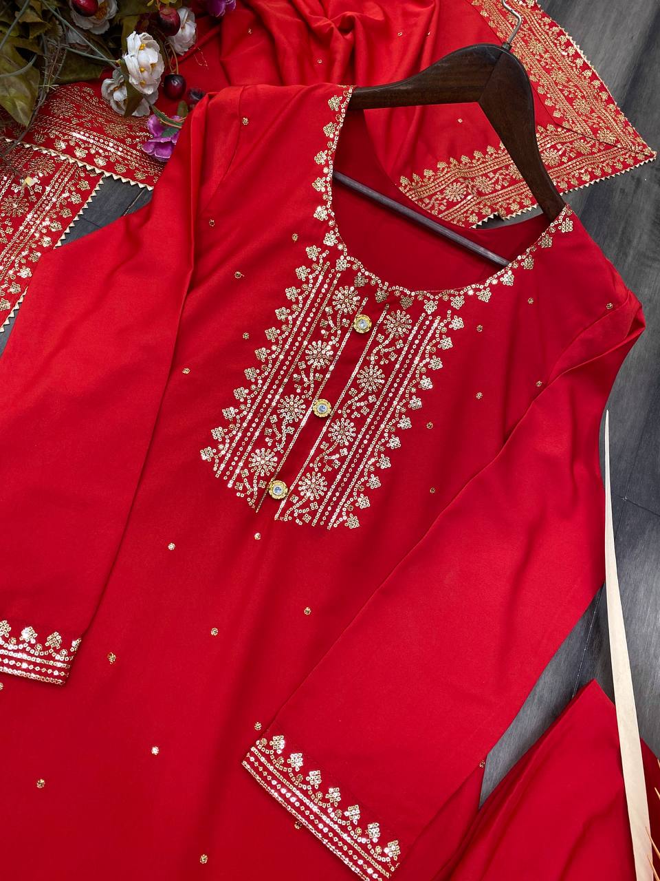 Red Designer Suit With plazzo And Dupatta Set