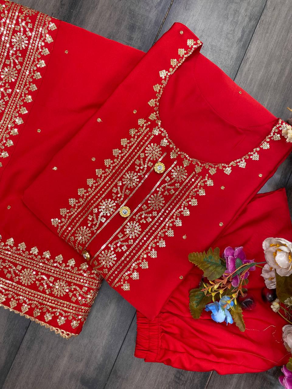 Red Designer Suit With plazzo And Dupatta Set