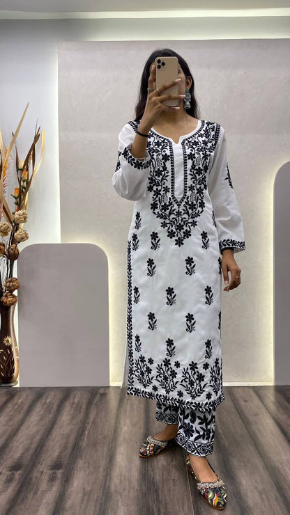 White Designer Trending Chikankuri Kurti With pant