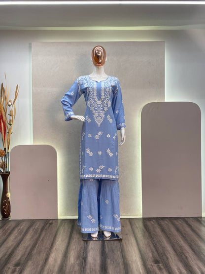 Blue Chikankari Kurta With Sharara Set