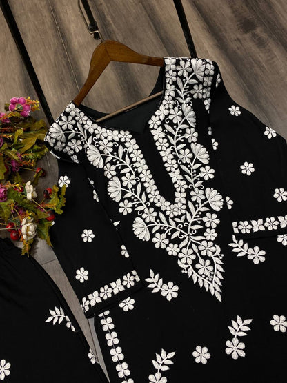 Black Chikankari Kurta With Sharara Set