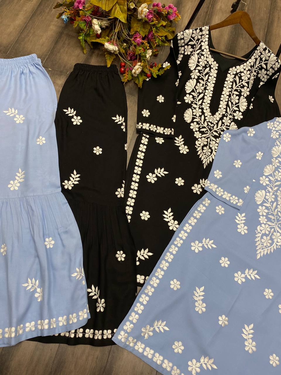 Black Chikankari Kurta With Sharara Set