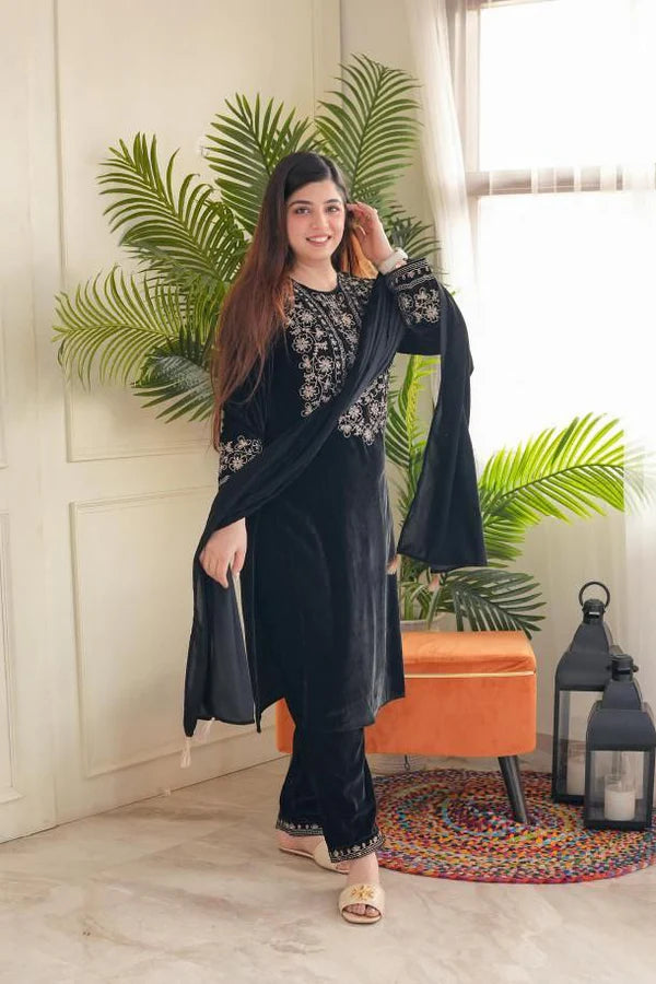 Black Pure High Quality Velvet 3 Piece Suit