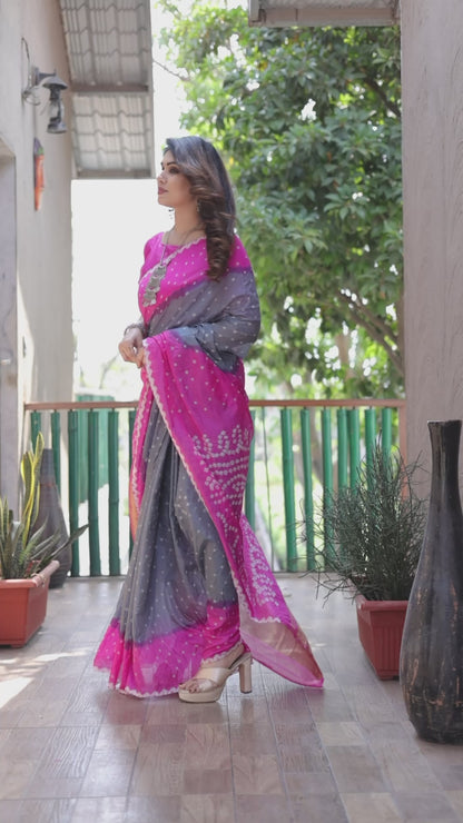 New Premium And High Quality Comfortable Bandhej Silk Drapes That is Super Stylish And Pretty Grey And Pink Saree