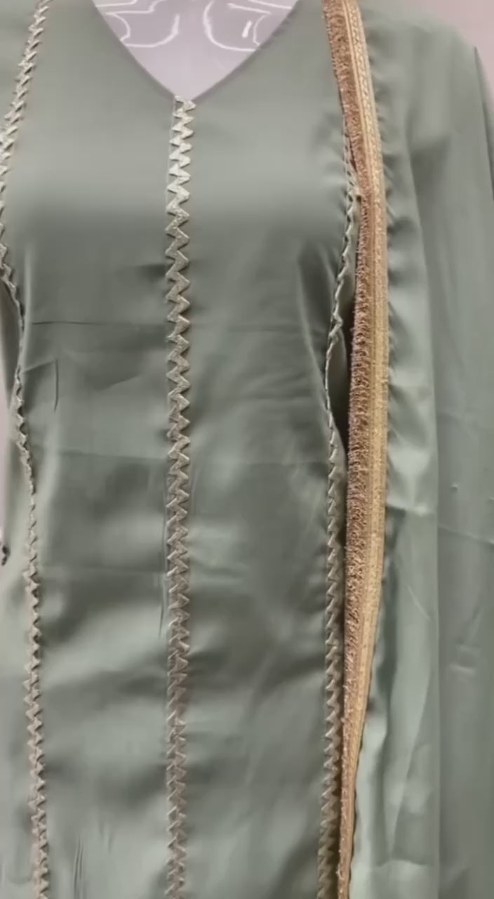 Designer Wear Trending Roman Silk Top With Lace Work With Pant With Dupatta
