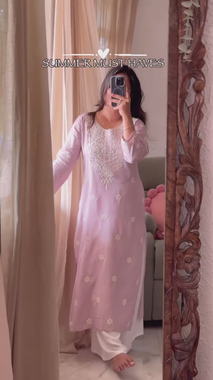 Light Pink Designer Trending Chikankuri Kurti With Plazzo