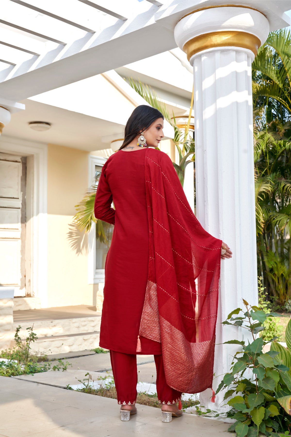 Women's Maroon Roman Silk Embroidered Kurta Pant with Cotton Silk Zari Dupatta Set | Festive Ethnic Wear