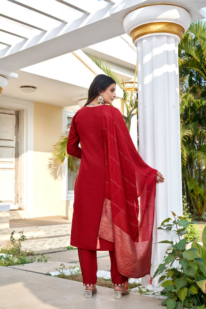 Women's Maroon Roman Silk Embroidered Kurta Pant with Cotton Silk Zari Dupatta Set | Festive Ethnic Wear