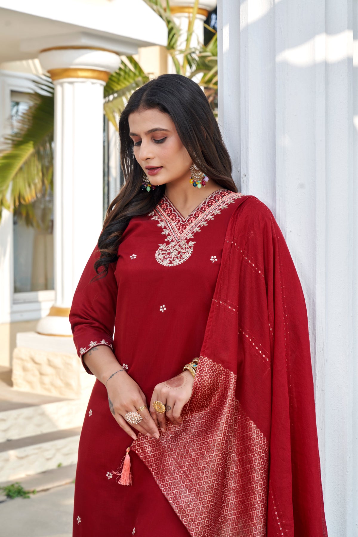 Women's Maroon Roman Silk Embroidered Kurta Pant with Cotton Silk Zari Dupatta Set | Festive Ethnic Wear
