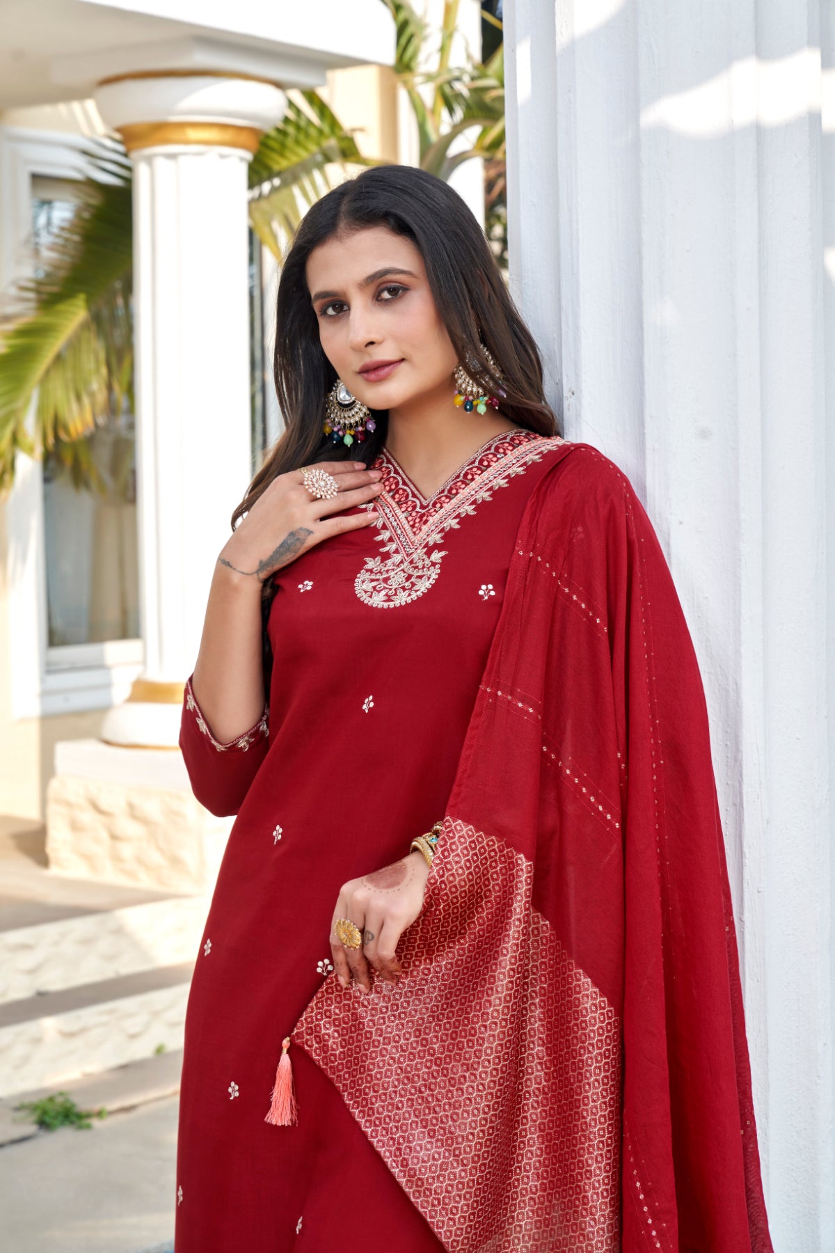Women's Maroon Roman Silk Embroidered Kurta Pant with Cotton Silk Zari Dupatta Set | Festive Ethnic Wear