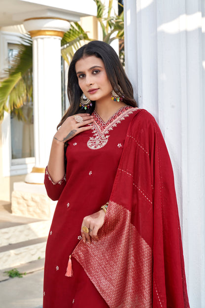 Women's Maroon Roman Silk Embroidered Kurta Pant with Cotton Silk Zari Dupatta Set | Festive Ethnic Wear