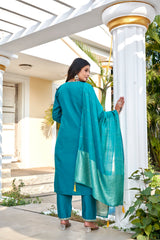 Teal Roman Silk Embroidered Kurta Pant Set with Cotton Silk Zari Dupatta for Women