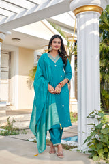 Teal Roman Silk Embroidered Kurta Pant Set with Cotton Silk Zari Dupatta for Women